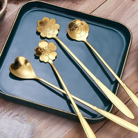 Golden Finished Floral Spoon Set of 4 with Sunflower, Rose , Lily and Daisy Design