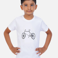 AirGarb kids' t-shirt featuring soft black cotton fabric, a round neck, and a stylish bottle green drawn cycle design, perfect for casual wear.